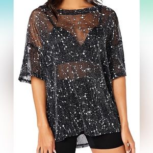 NWT - MakeMeChic Women's Short Sleeve Tops Sheer T Shirt - Black Galaxy, Size XL